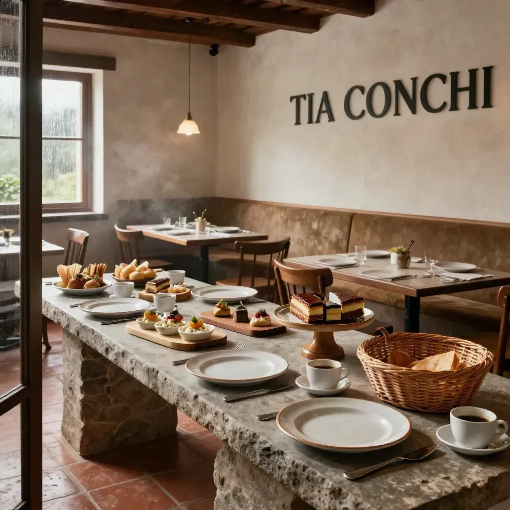 Comedor rústico de Tia Conchi con platos, tapas, café y pedidos para llevar, luz dramática
