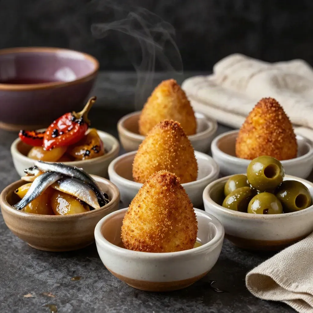 Tapas caseras variadas en pequeños cuencos sobre mesa oscura con luz cálida.