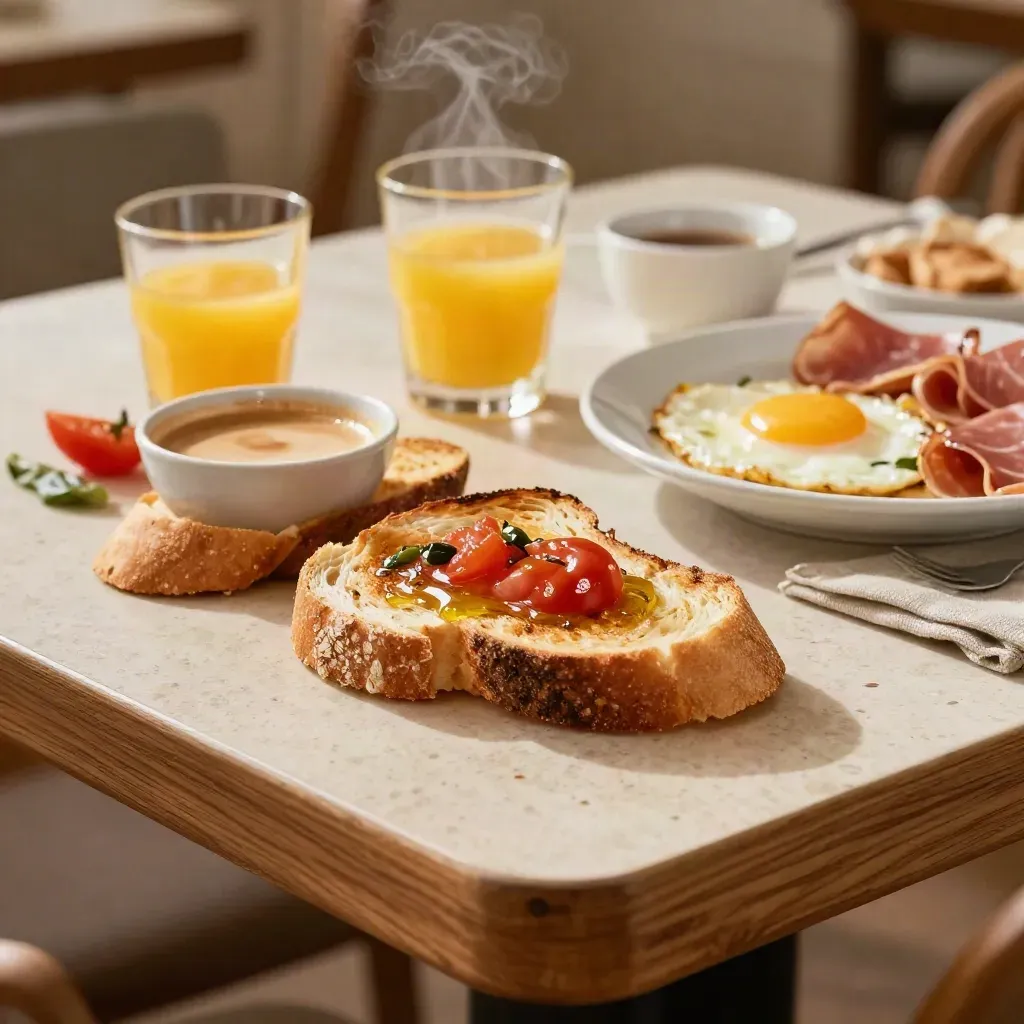 Desayuno completo con tostadas, café con leche, zumo de naranja y huevos con jamón.