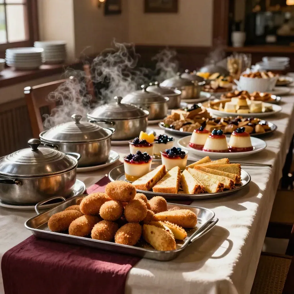 Bandeja de catering con croquetas, tortilla, mini postres y bandejas calientes en una mesa larga.