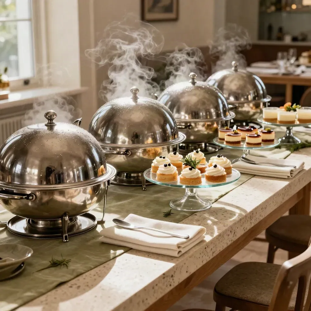 Buffet de catering de cumpleaños con bandejas calientes y postres bajo luz cálida.
