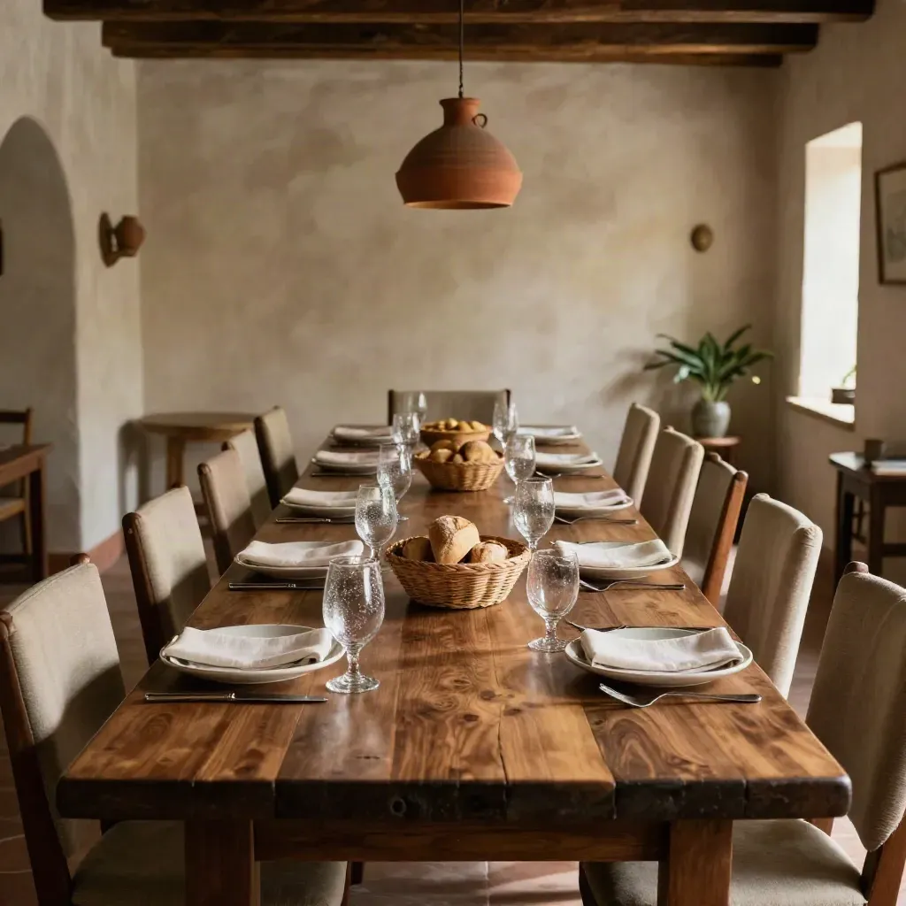Mesa familiar lista para 12 comensales, con trona, pan, agua y cubertería.