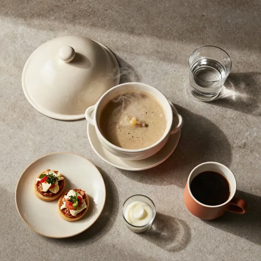 Flatlay cenital de sopa, plato del día, postre, vaso de agua y café sobre piedra.