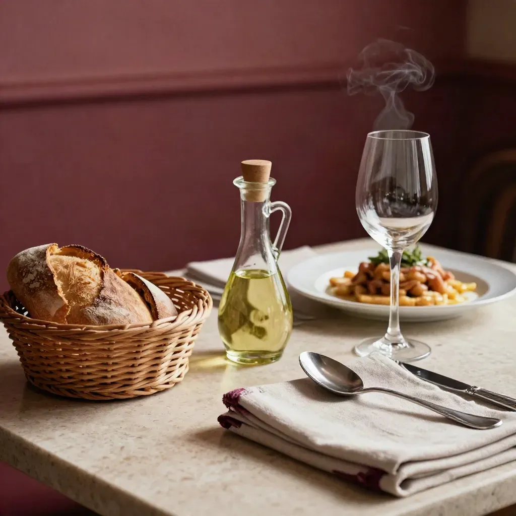 Mesa íntima con pan, aceitera, copa de vino, cucharilla y servilleta de lino sobre piedra clara.