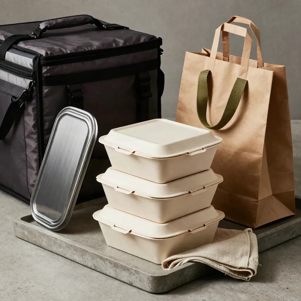 Bandeja de reparto con cajas apiladas, bolsa kraft y tapa de catering sobre piedra.